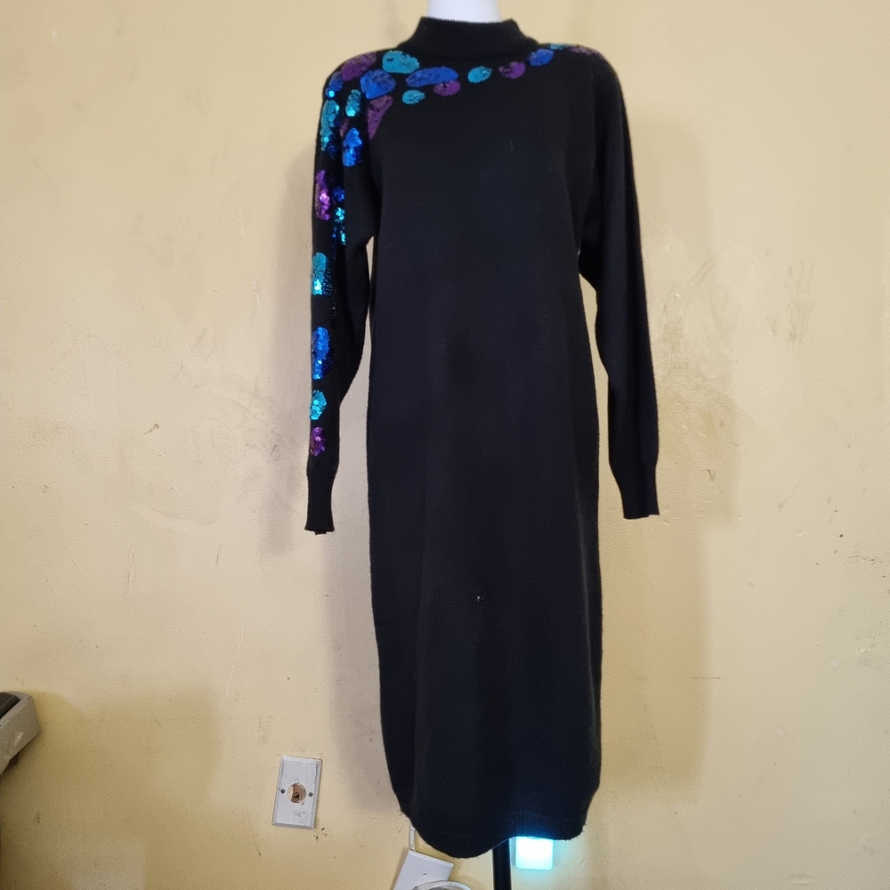 PLAIN JANE Black Sweater Dress Embellished Sequins Midi Length M Vintages 80s